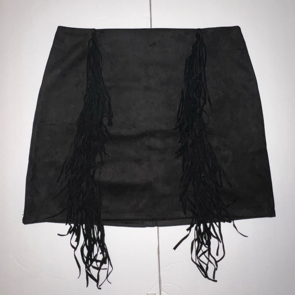Fringe black suede skirt